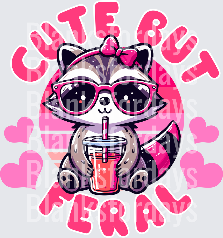 Cute But Feral Raccoon Pink Sunglasses Bow Iced Drink Hearts (DTF)