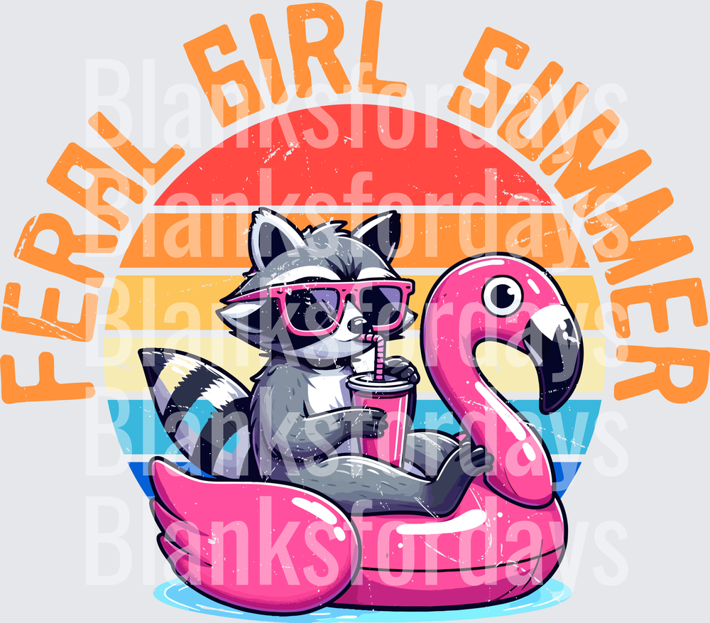 Feral Girl Summer Raccoon on Pink Flamingo Float (DTF)