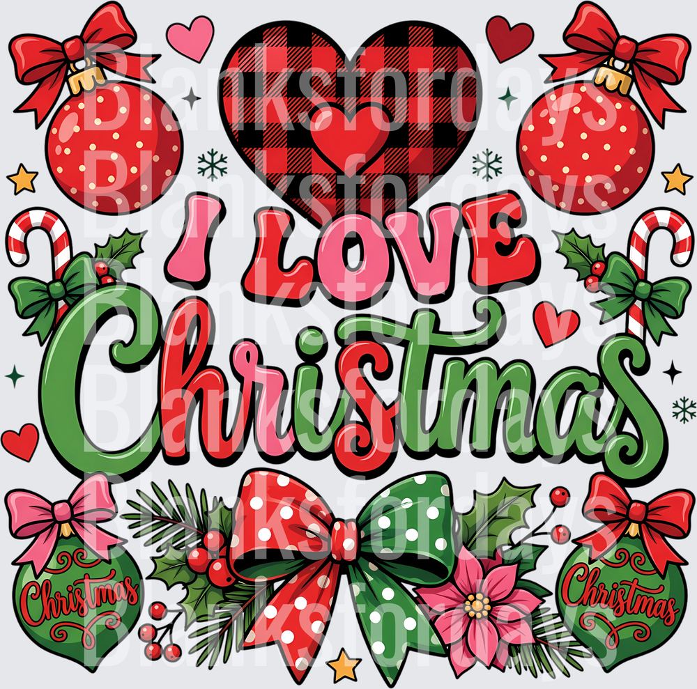 I Love Christmas Buffalo Plaid Heart Ornaments Bows Holiday (DTF)
