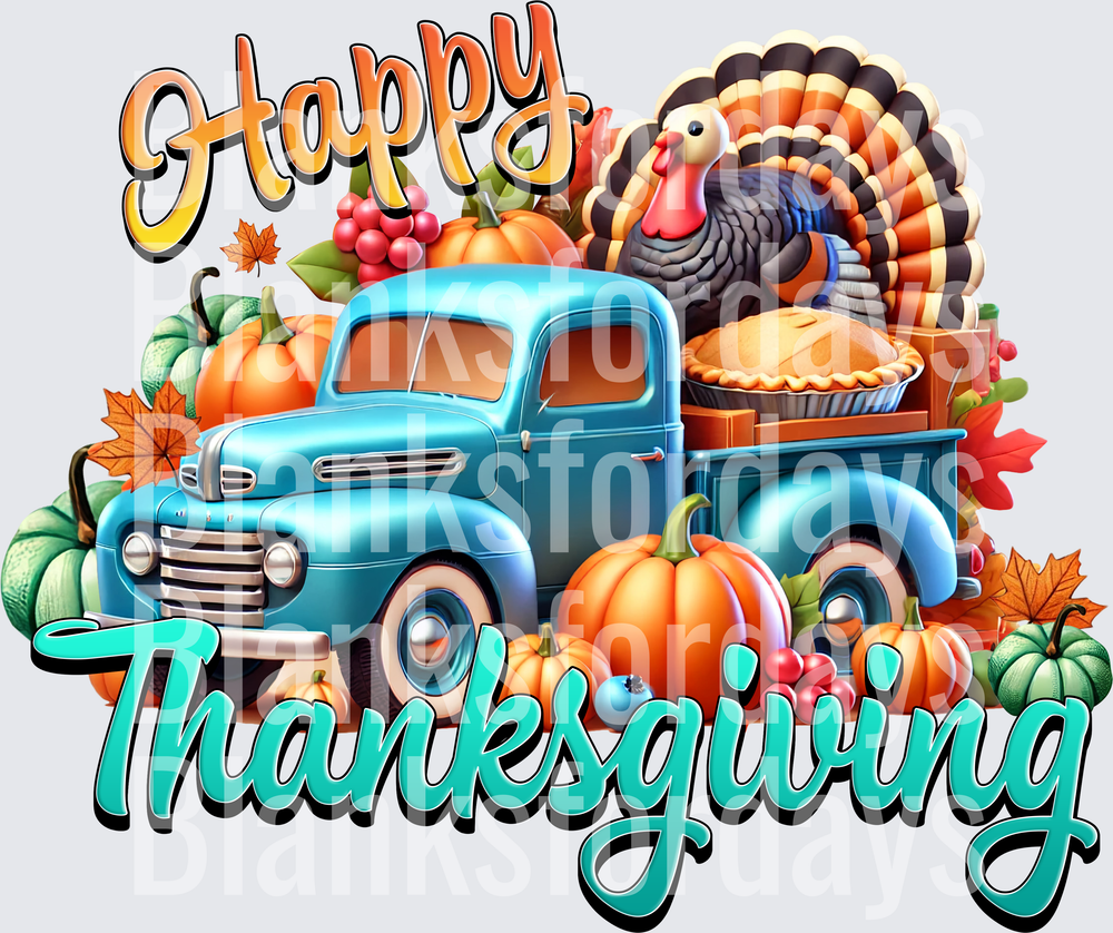 Happy Thanksgiving Vintage Blue Truck Turkey Pumpkins Fall (DTF)