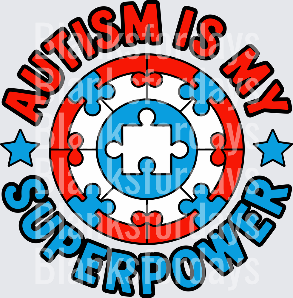 Autism Is My Superpower Puzzle Piece Circle Blue Red Stars (DTF)