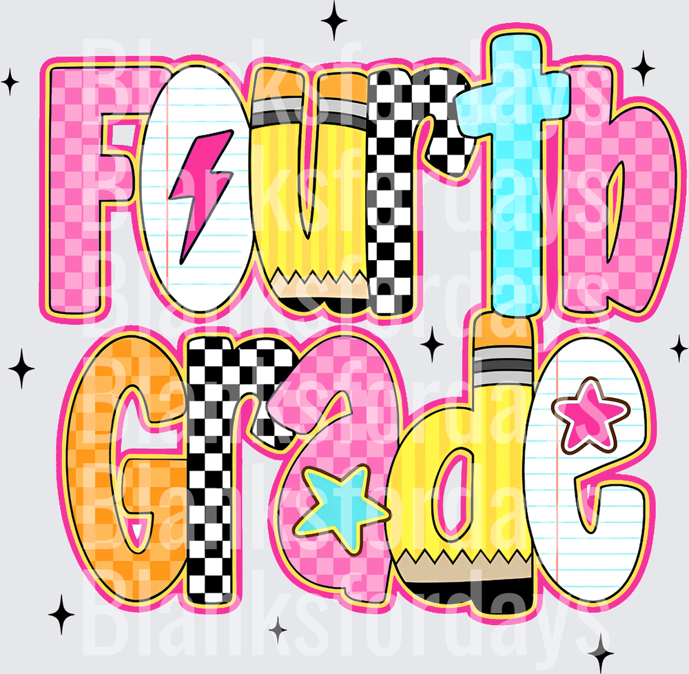 Fourth Grade Funky Doodle Letters Pencils Stars (DTF)