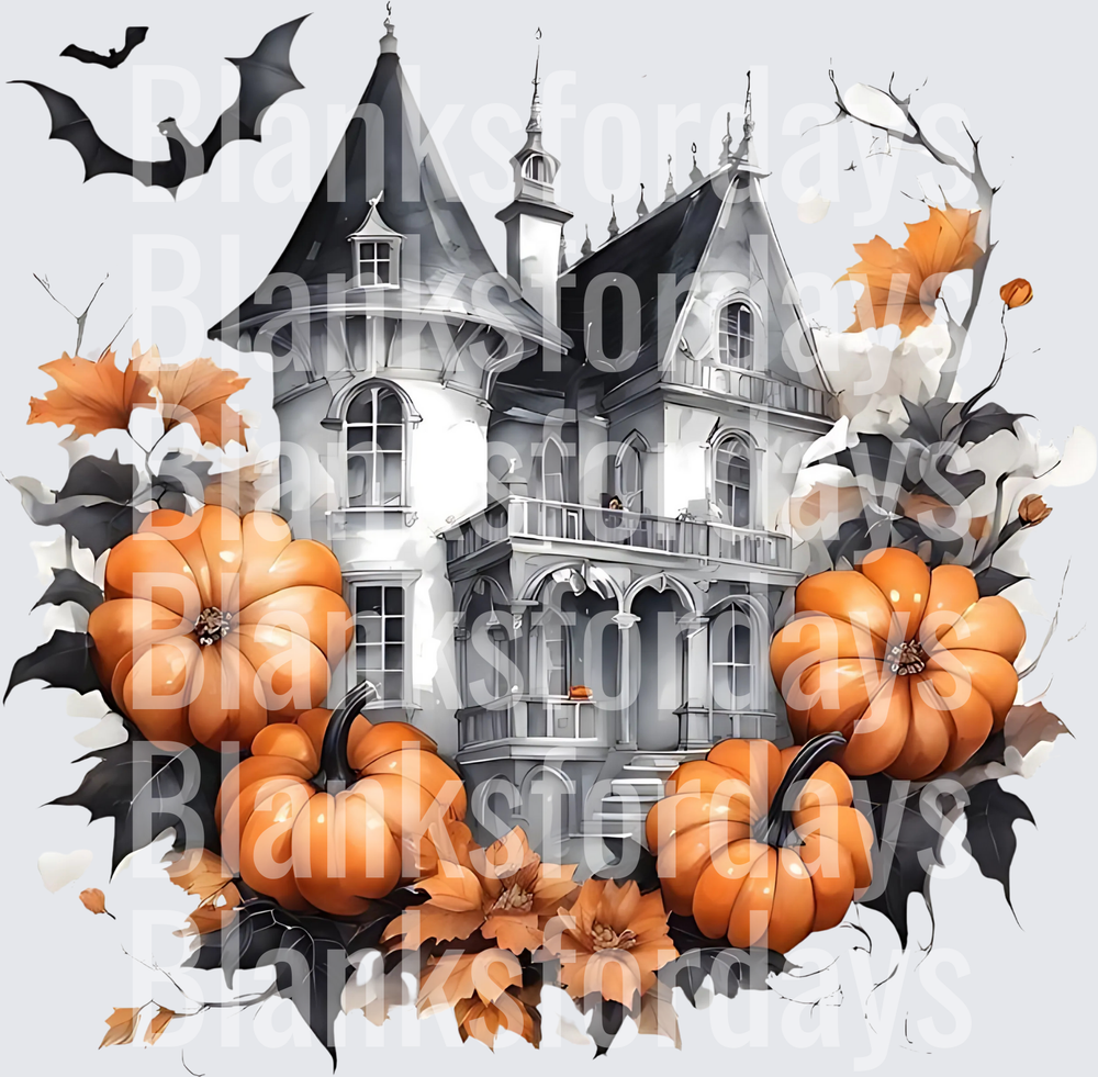 Gothic Haunted Mansion Pumpkins Bats Halloween (DTF)