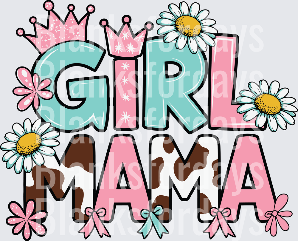 Girl Mama Pink Teal Cow Print Daisy Crown Floral Design (DTF)
