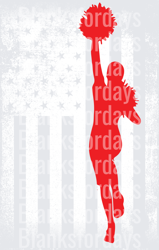 Red Cheerleader Silhouette Jumping with Pom Pom USA Flag (DTF)
