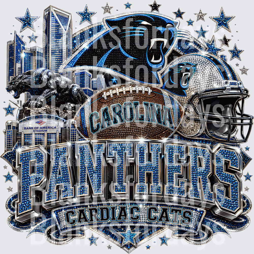 Carolina Panthers Cardiac Cats Rhinestone Bling Fan Design (DTF)