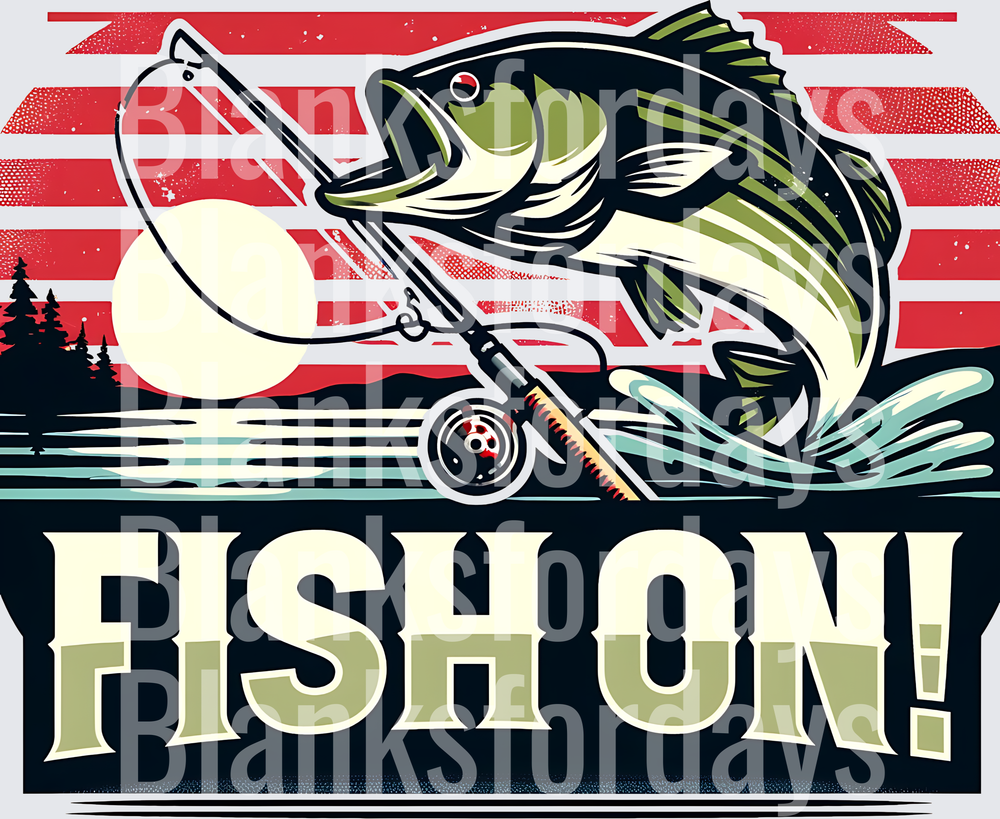 Fish On Jumping Bass Fishing Rod Red Stripe Retro Design (DTF)