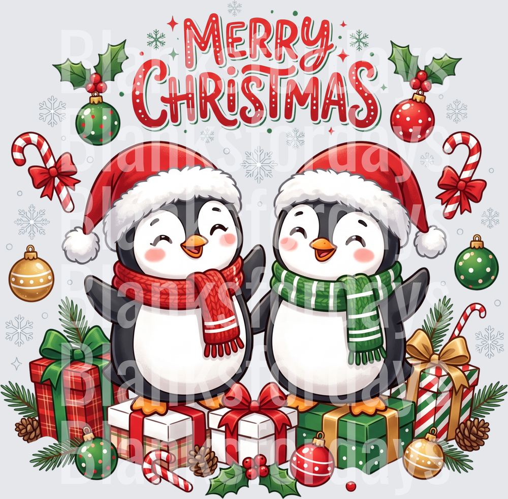 Merry Christmas Cute Penguin Duo Santa Hats Scarves Gifts (DTF)