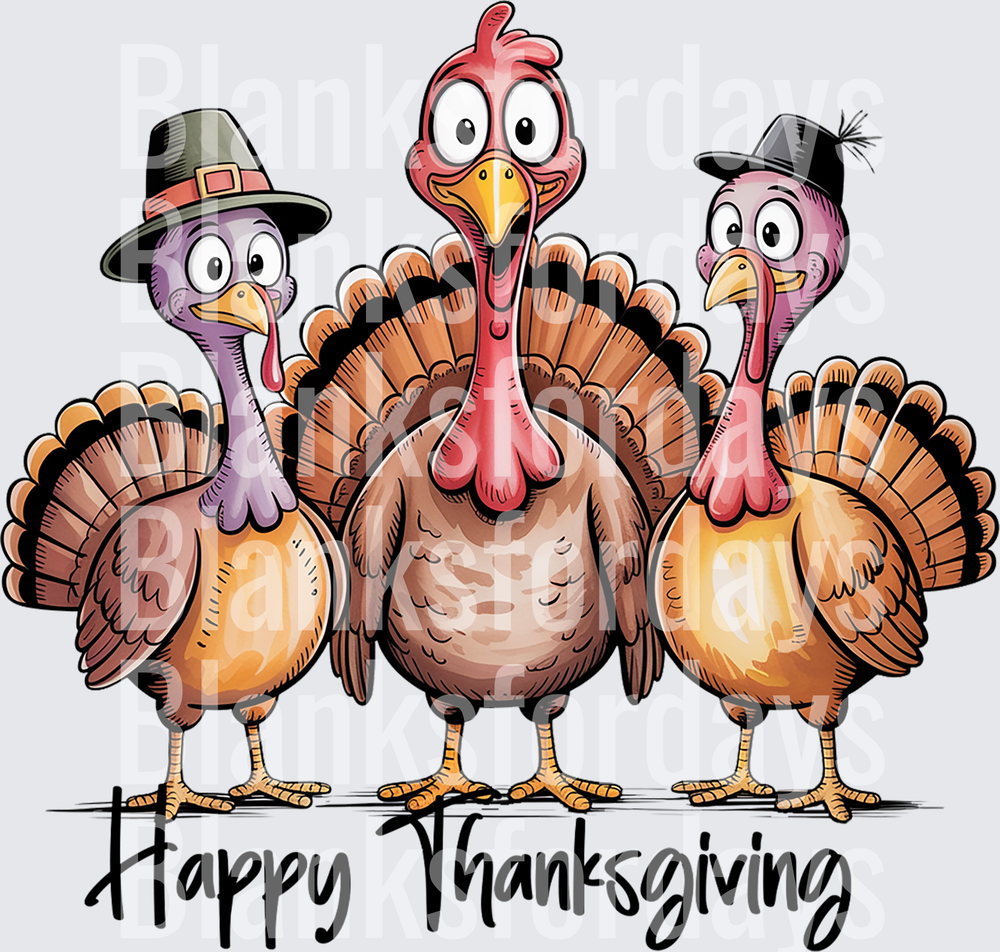 Happy Thanksgiving Three Funny Cartoon Turkeys in Pilgrim Hats (DTF)