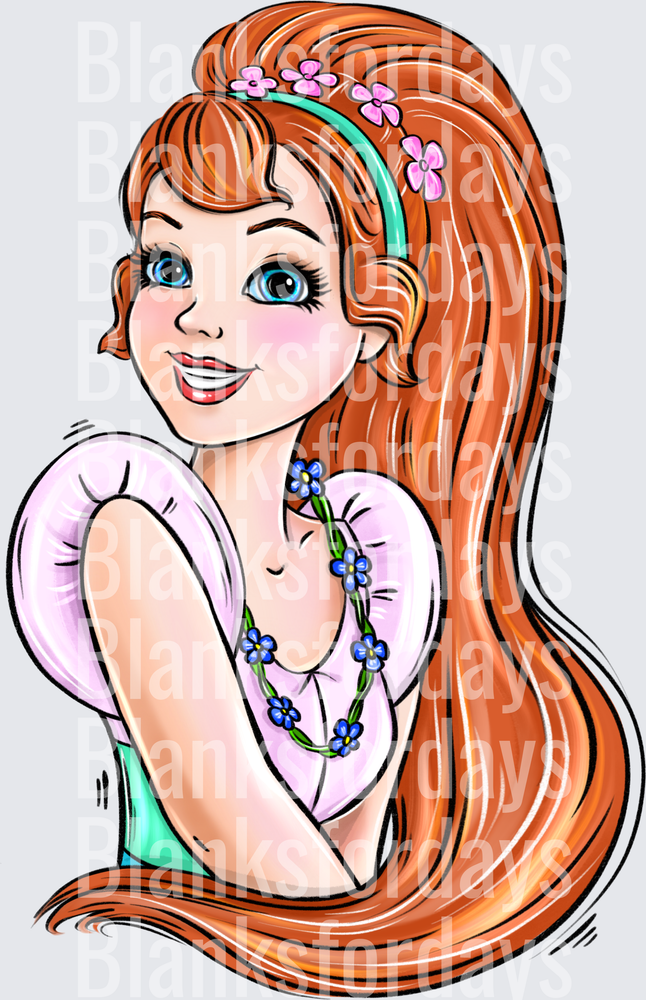 Cute Redhead Girl with Flowers Blue Eyes Long Hair Art (DTF)