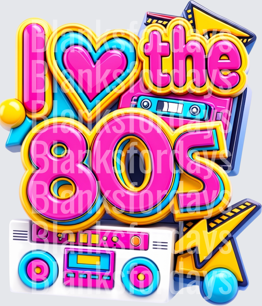 I Love The 80s Retro Boombox Cassette Neon Bold Puff Design (DTF)