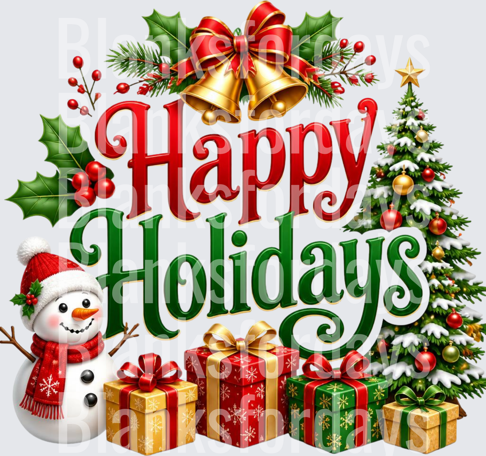 Happy Holidays Snowman Christmas Tree Gold Bells Design (DTF)