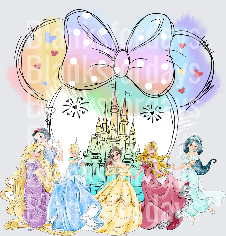 Rapunzel Snow White Cinderella Belle Aurora Jasmine Castle Minnie Ears Bow Watercolor Princess Group (DTF)