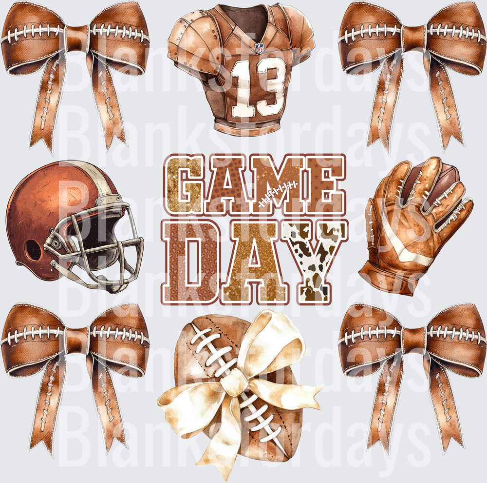Game Day Football Coquette Bow Brown Glitter Clipart Set (DTF)