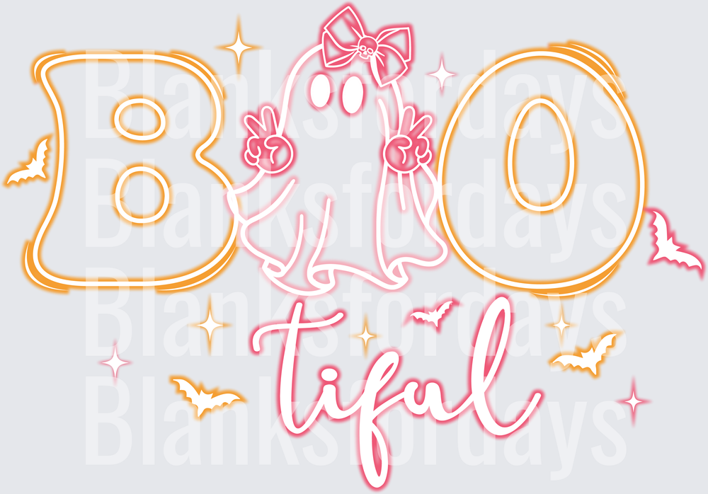 Boo-tiful Halloween Ghost with Bow and Bats Neon Design (DTF)