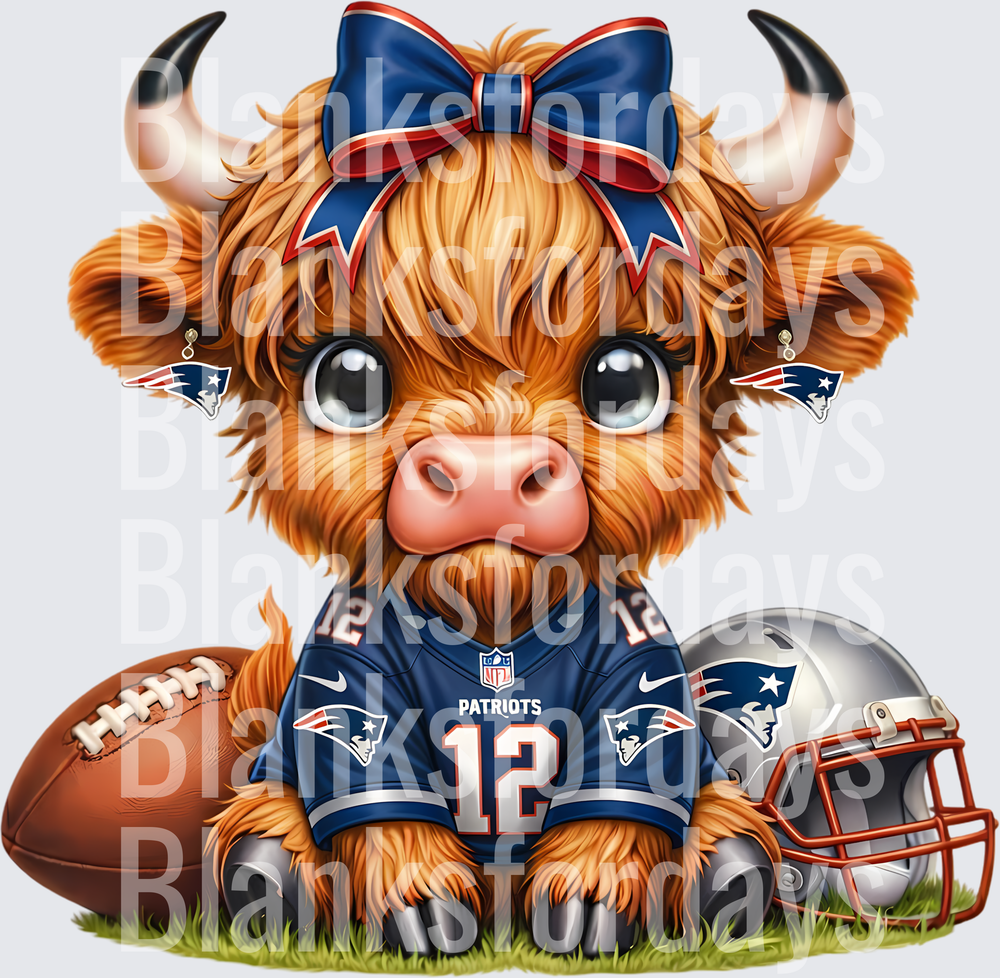 Cute Highland Cow New England Patriots Jersey Number 12 Bow (DTF)