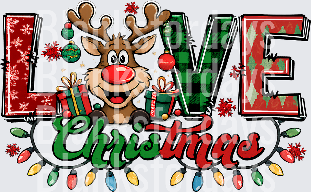 LOVE Christmas Rudolph Red Nose Reindeer Plaid Holiday Lights (DTF)