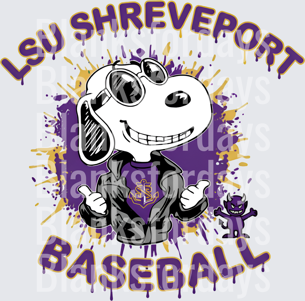 Snoopy Cool Joe LSU Shreveport Baseball Purple Gold Splash (DTF)