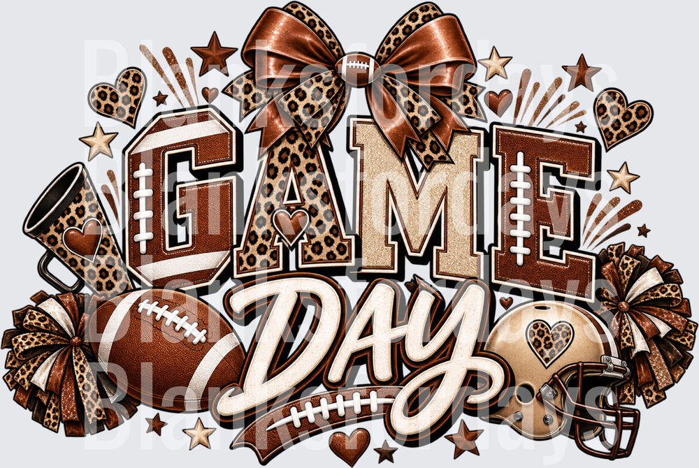 Game Day Football Leopard Print Bow Cheer Brown Gold (DTF)