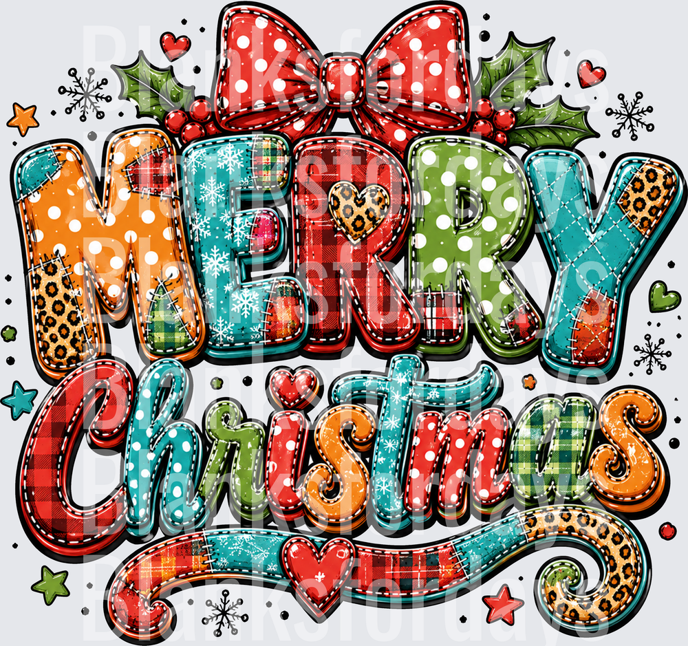 Merry Christmas Patchwork Doodle Letters with Bow and Holly (DTF)