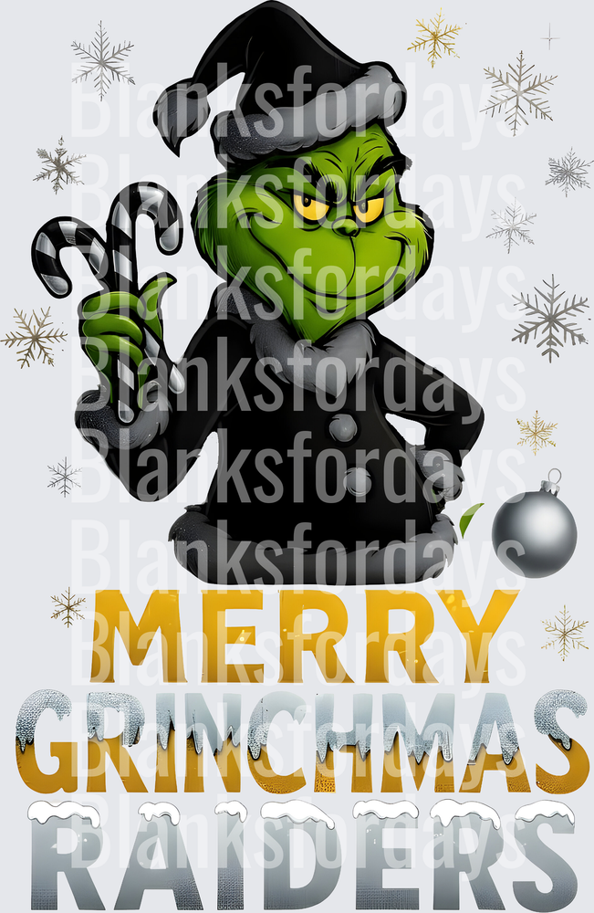 Merry Grinchmas Raiders Grinch Holding Candy Cane Snowflakes (DTF)
