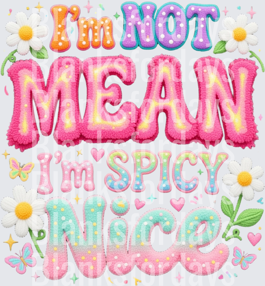 I'm Not Mean I'm Spicy Nice Faux Chenille Floral Design (DTF)