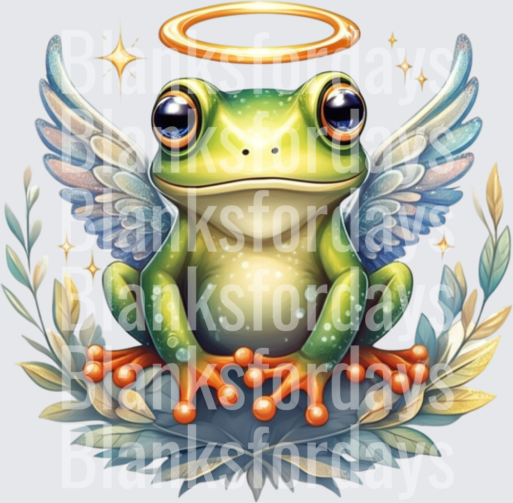Cute Angel Frog with Halo Wings and Botanical Leaves (DTF)