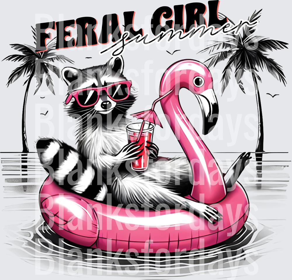 Feral Girl Summer Raccoon Pink Flamingo Float Cocktail (DTF)