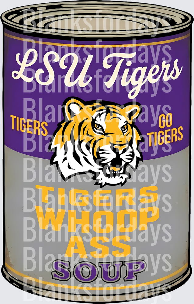 LSU Tigers Whoop Ass Soup Can Purple Gold Fan Design (DTF)
