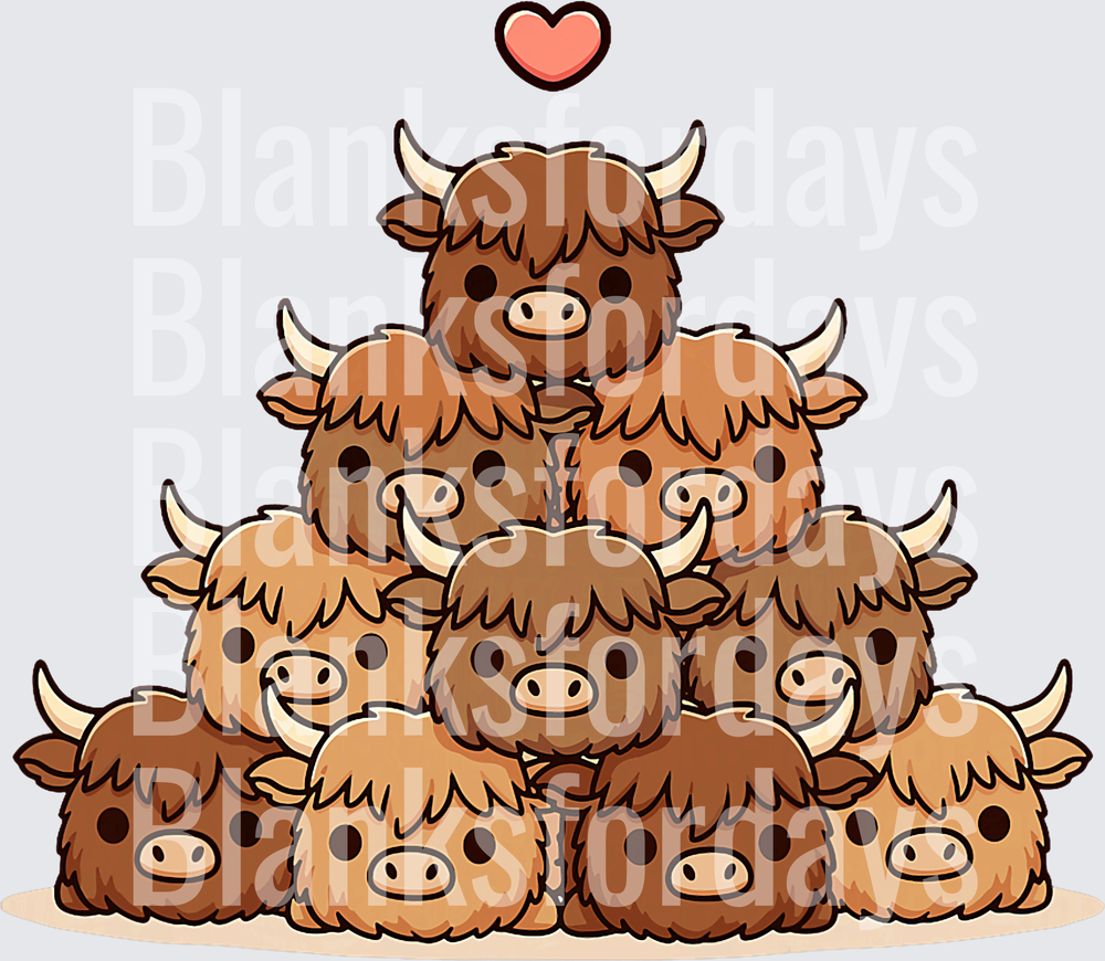 Cute Kawaii Highland Cow Pile with Pink Heart (DTF)