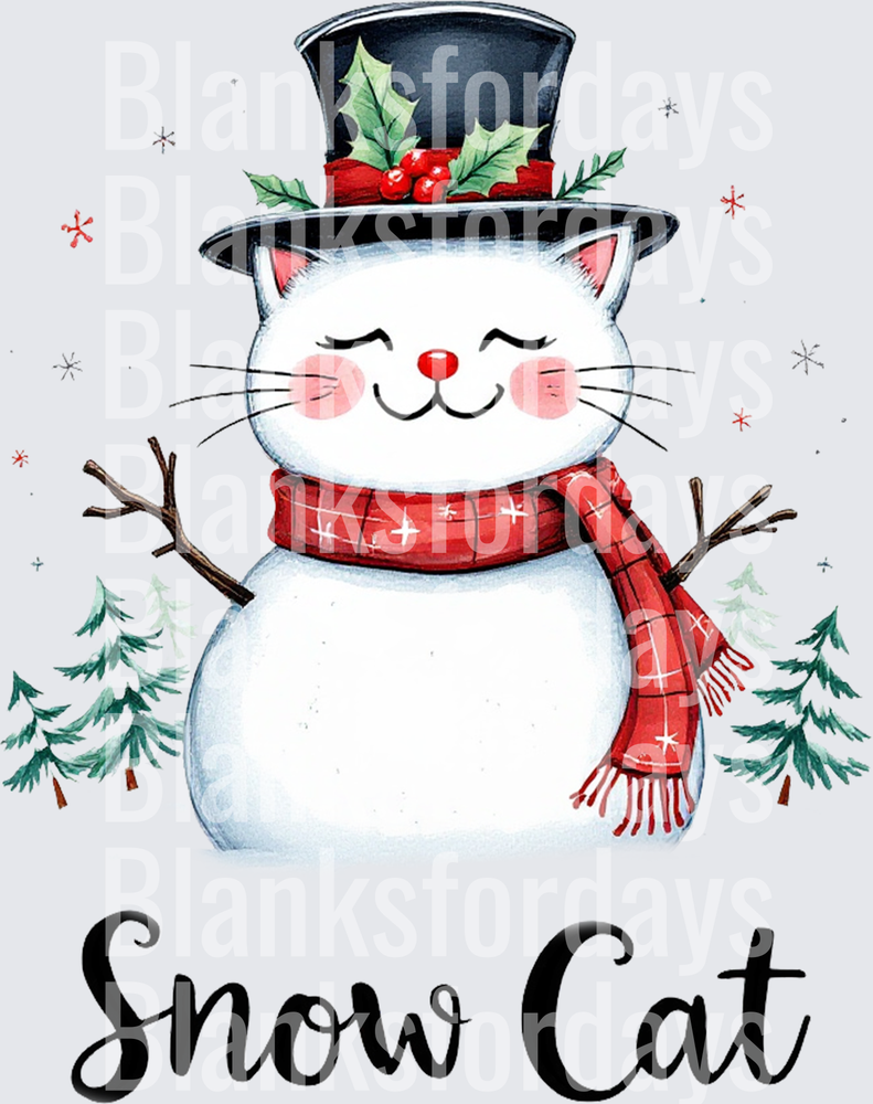 Snow Cat Christmas Snowman Cat with Top Hat and Red Scarf (DTF)