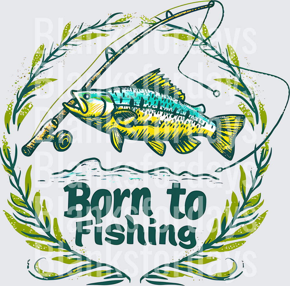 Born to Fishing Bass Fish Rod Laurel Wreath Design (DTF)