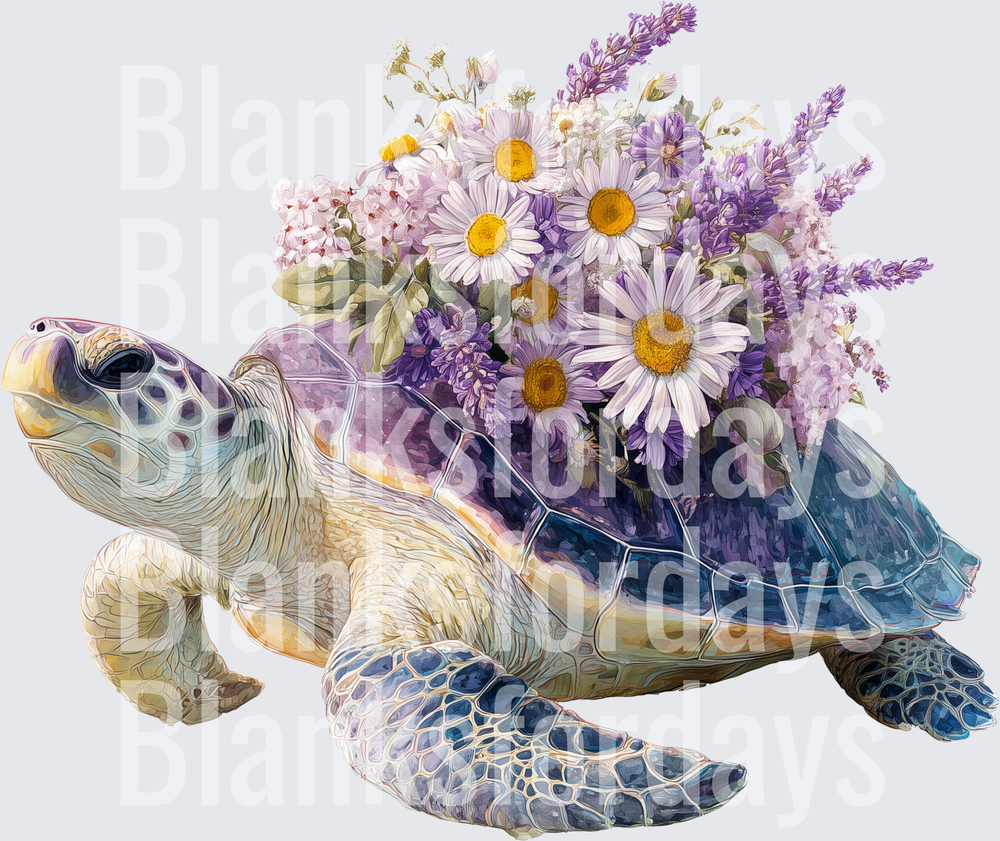 Sea Turtle with Purple Lavender and Daisy Floral Bouquet (DTF)