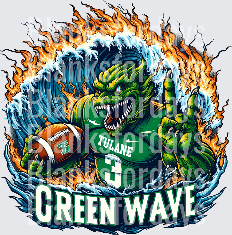 Tulane Green Wave Fierce Monster Mascot Football Flames Wave (DTF)
