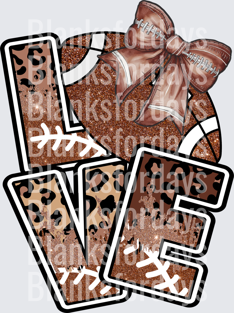 LOVE Football Glitter Leopard Print Bow Letter Design (DTF)