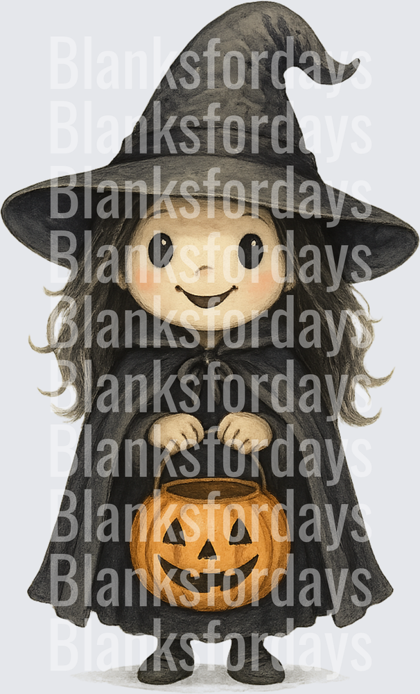 Cute Watercolor Halloween Witch Girl with Jack-O-Lantern Bucket (DTF)