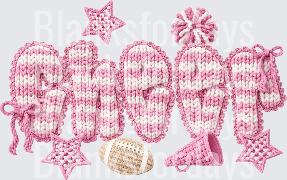Pink Knit Crochet Cheer Word Football Stars Pom Design (DTF)