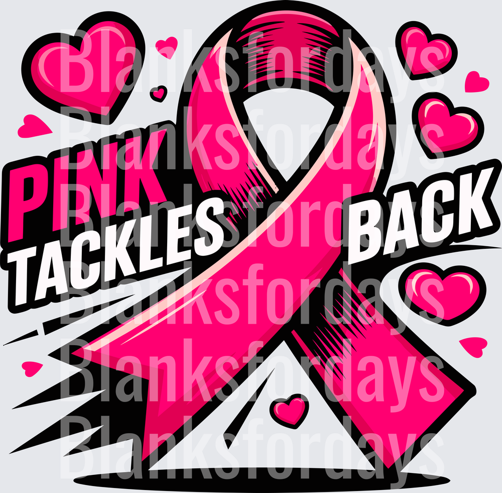 Pink Tackles Back Breast Cancer Awareness Ribbon Hearts (DTF)