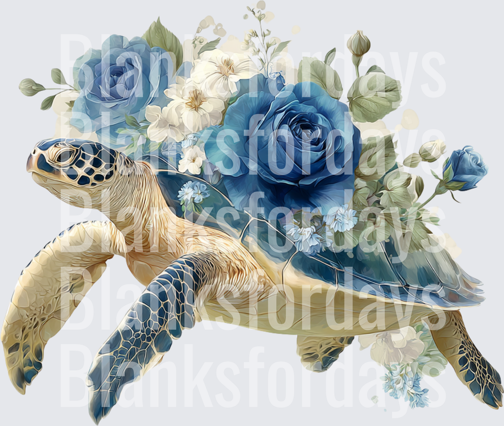 Sea Turtle with Blue Roses and White Floral Bouquet (DTF)