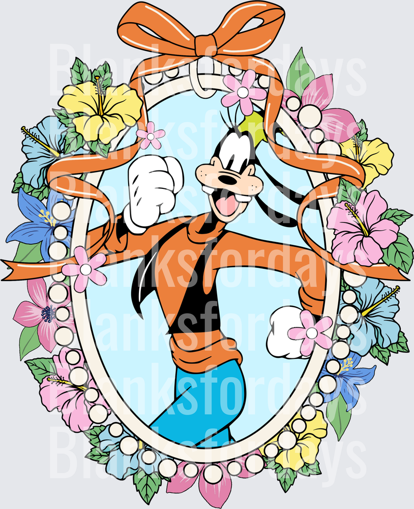 Goofy Floral Oval Frame with Orange Bow and Hibiscus (DTF)