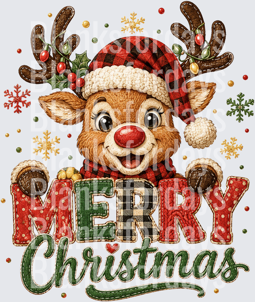 Rudolph Red Nose Reindeer Buffalo Plaid Santa Hat Merry Christmas (DTF)