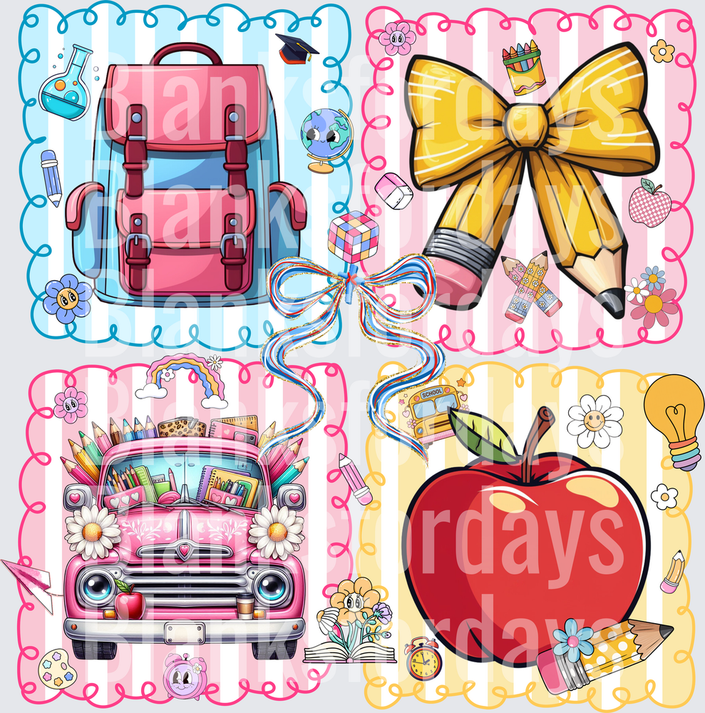 Back to School Four Panel Bow Pencil Truck Apple Backpack (DTF)