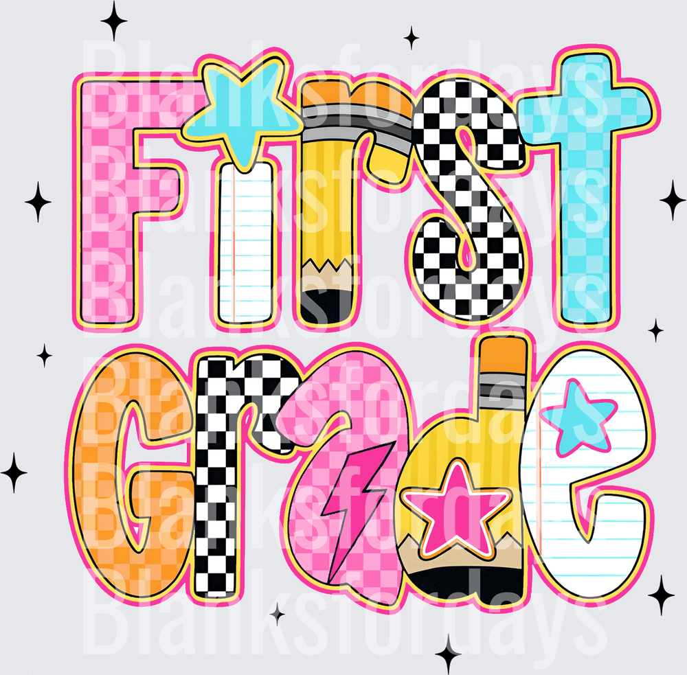 First Grade Colorful Doodle Letters Pencils Stars Back to School (DTF)