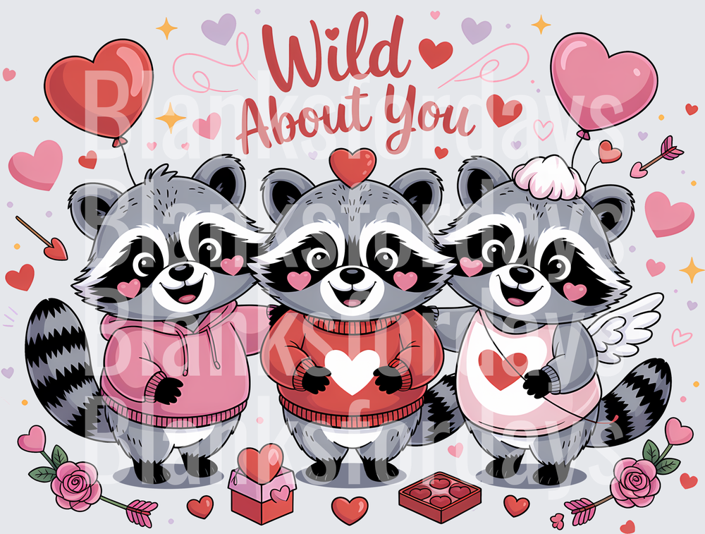 Wild About You Valentine Raccoon Trio with Hearts (DTF)