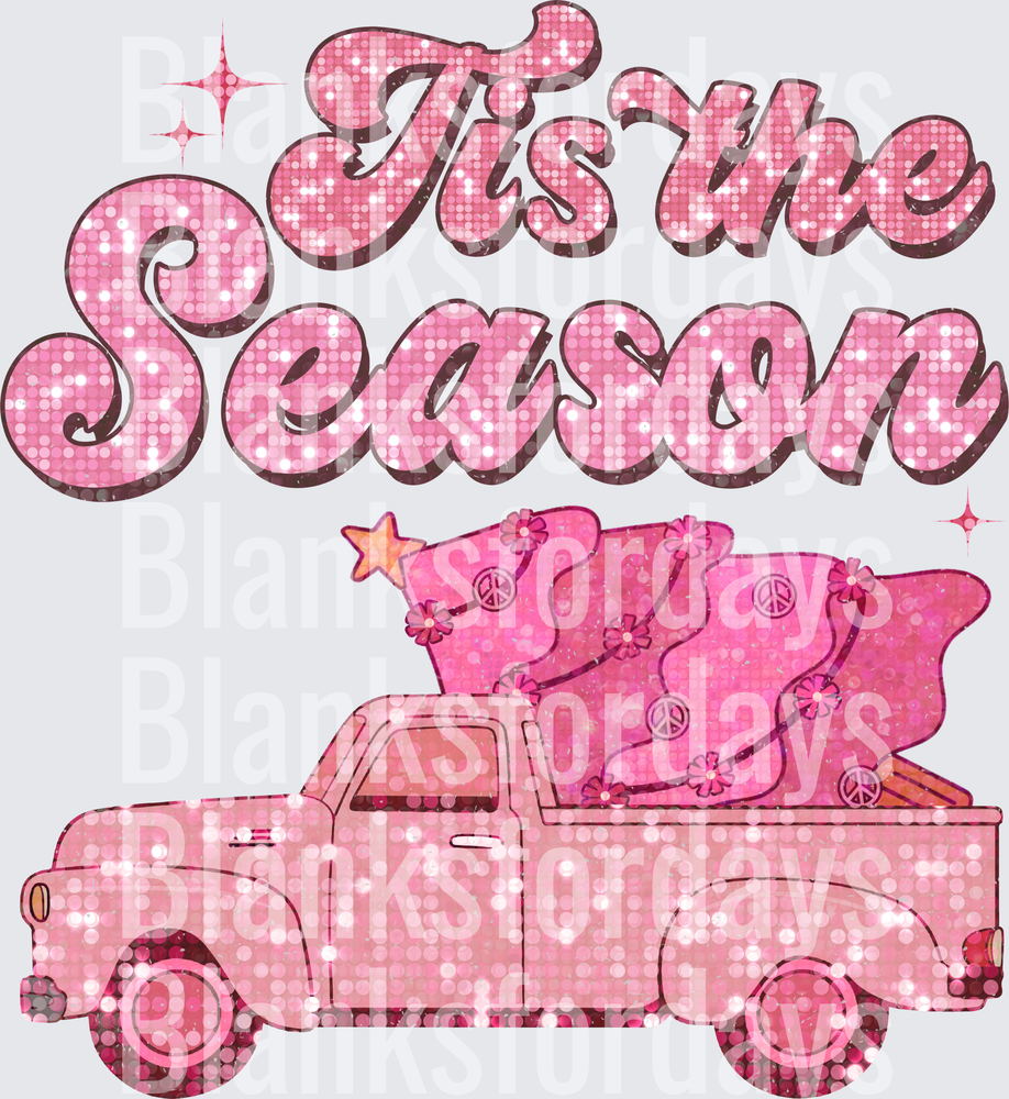 Tis The Season Pink Glitter Retro Truck Christmas Tree (DTF)