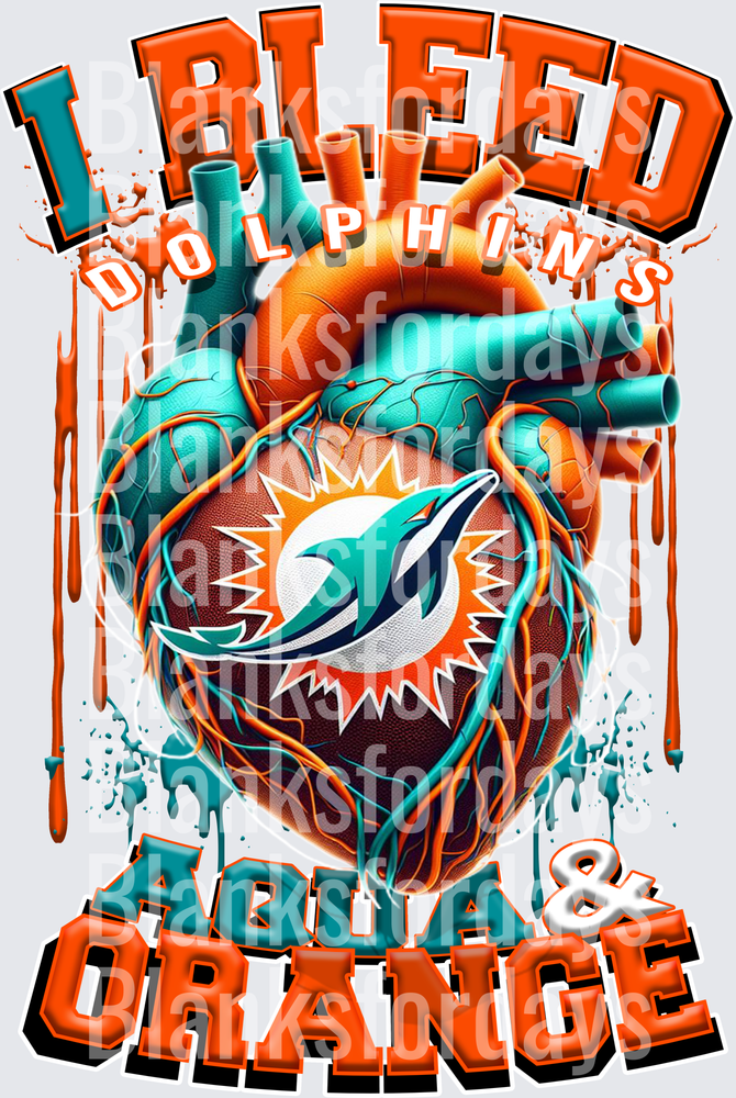 I Bleed Dolphins Aqua & Orange Anatomical Heart Football (DTF)