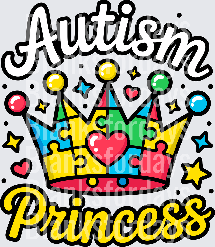 Autism Princess Colorful Puzzle Piece Crown Hearts Stars (DTF)