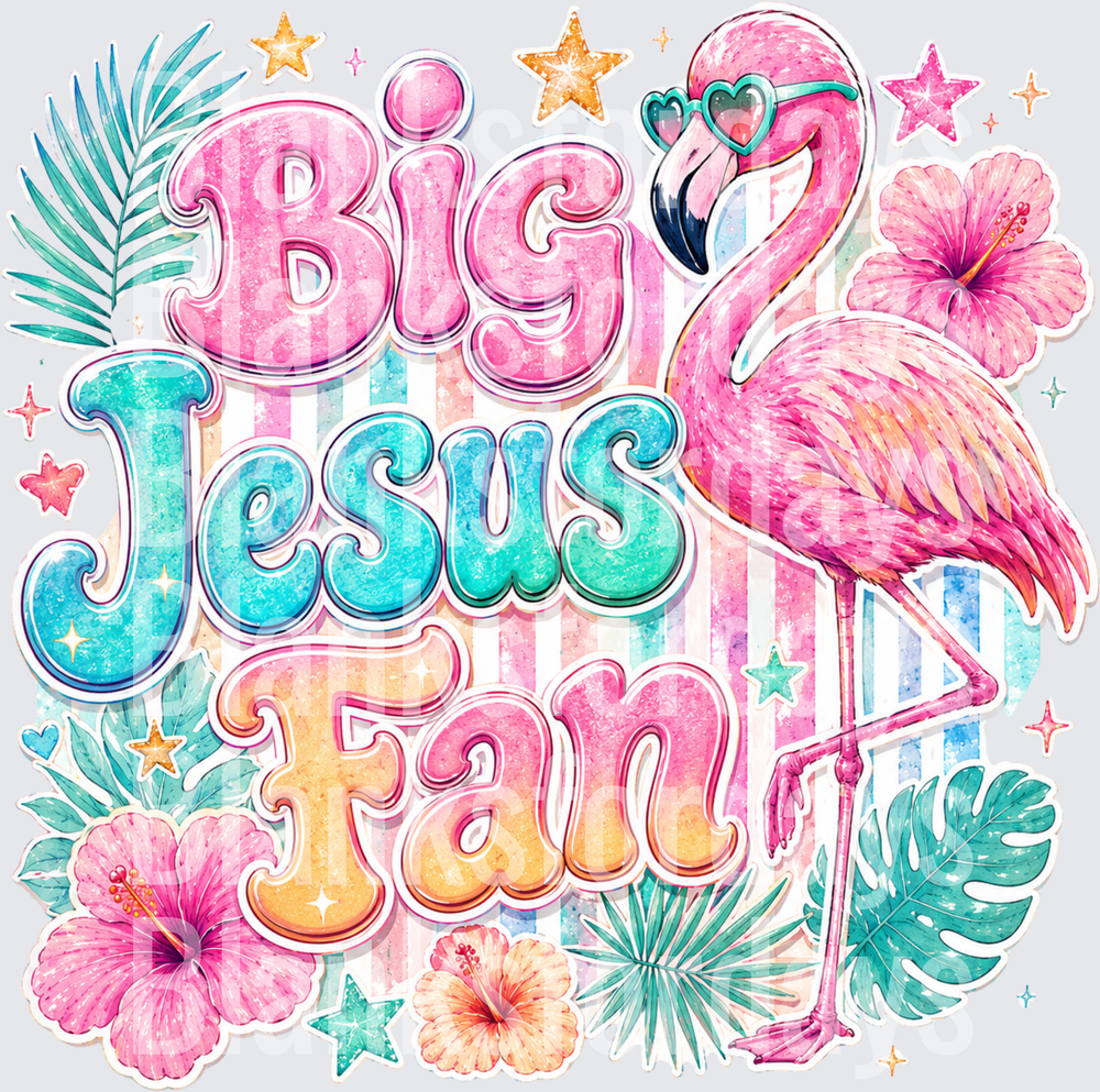 Big Jesus Fan Flamingo Tropical Floral Glitter Design (DTF)