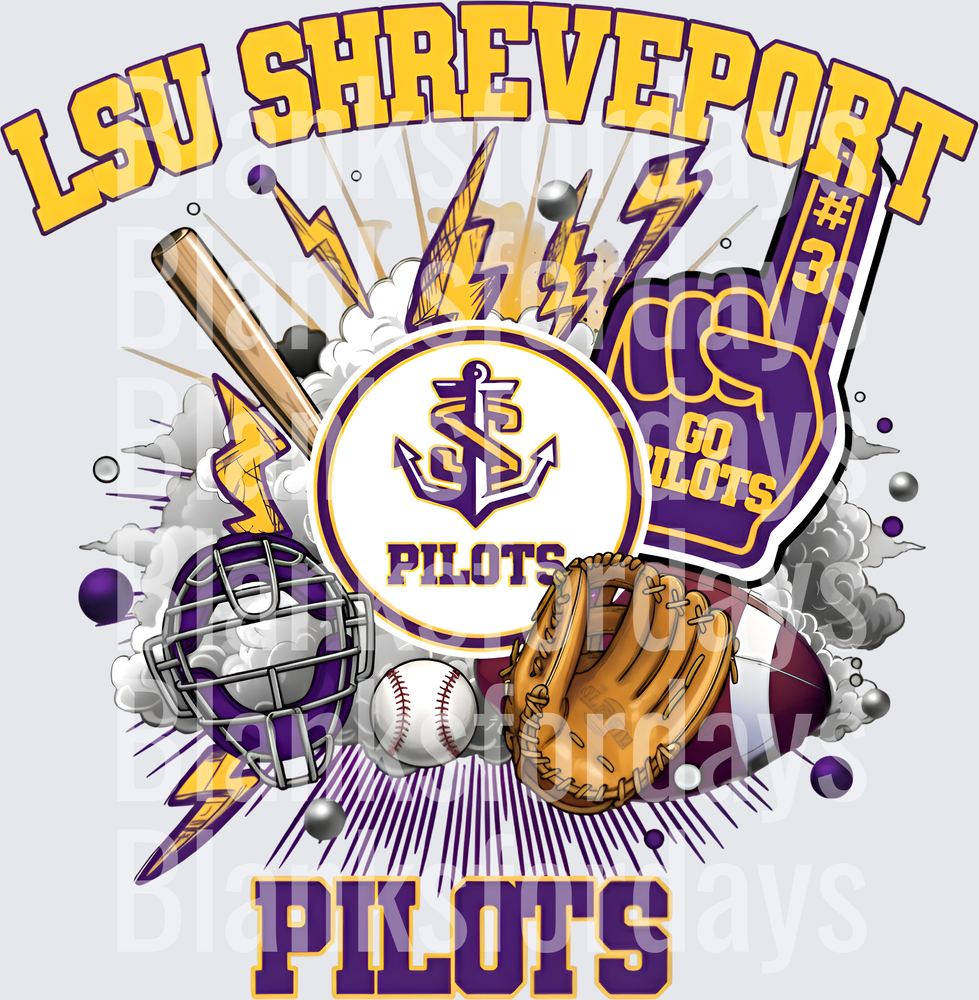 LSU Shreveport Pilots Baseball Spirit Bolt Collage Purple Gold (DTF)