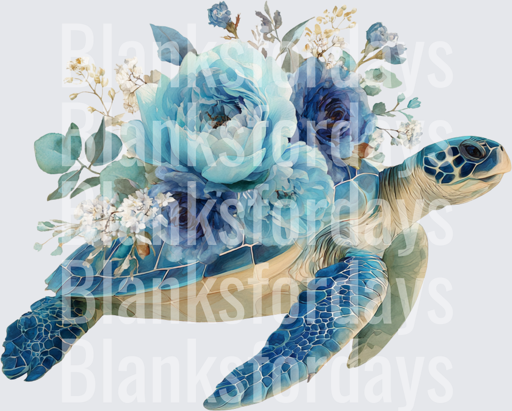 Watercolor Sea Turtle with Blue Peonies Floral Bouquet (DTF)